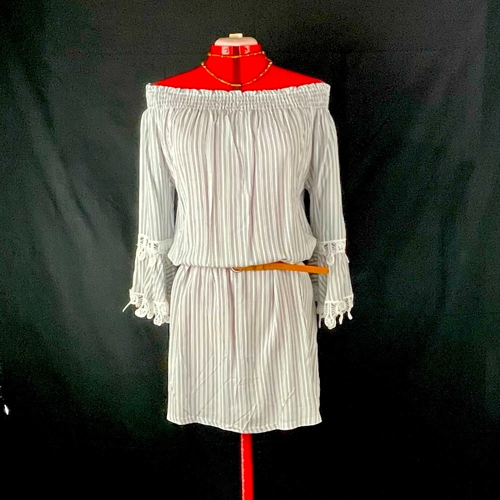 Lapis Off Shoulder Summer Dress in cream and navy